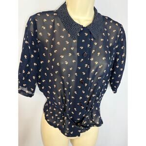 Zelda Vintage Tailored Fitted Belted Button Front Blouse Blue Floral Sz XSP